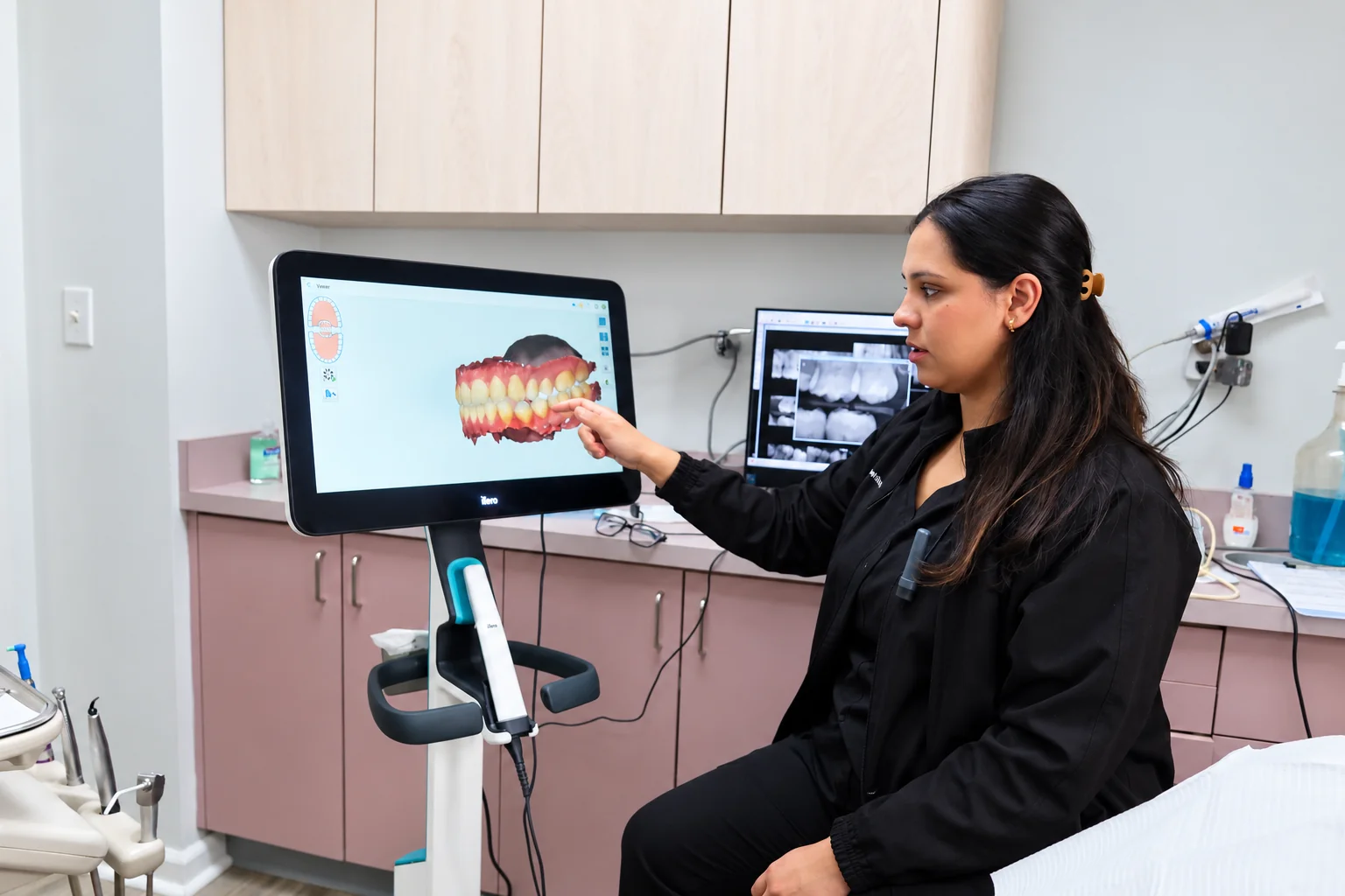 Dr. Iqra Ahmed explaining a 3D dental scan on the iTero scanner