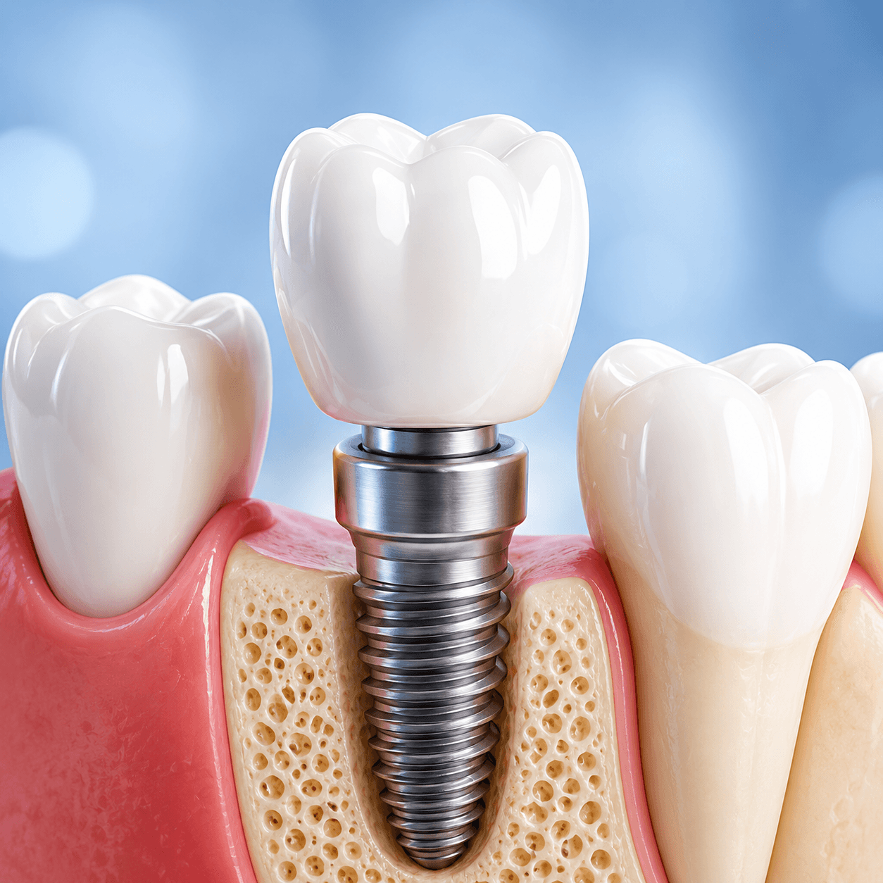 Dental implant model showing titanium post and crown