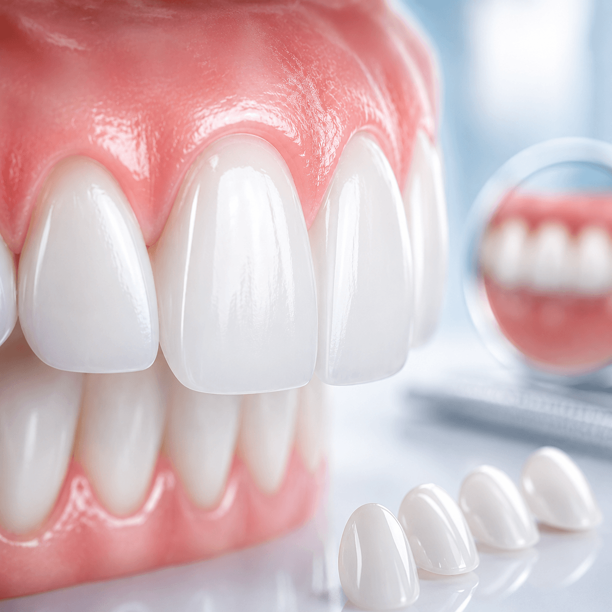 Dentist placing porcelain veneer on a patient tooth