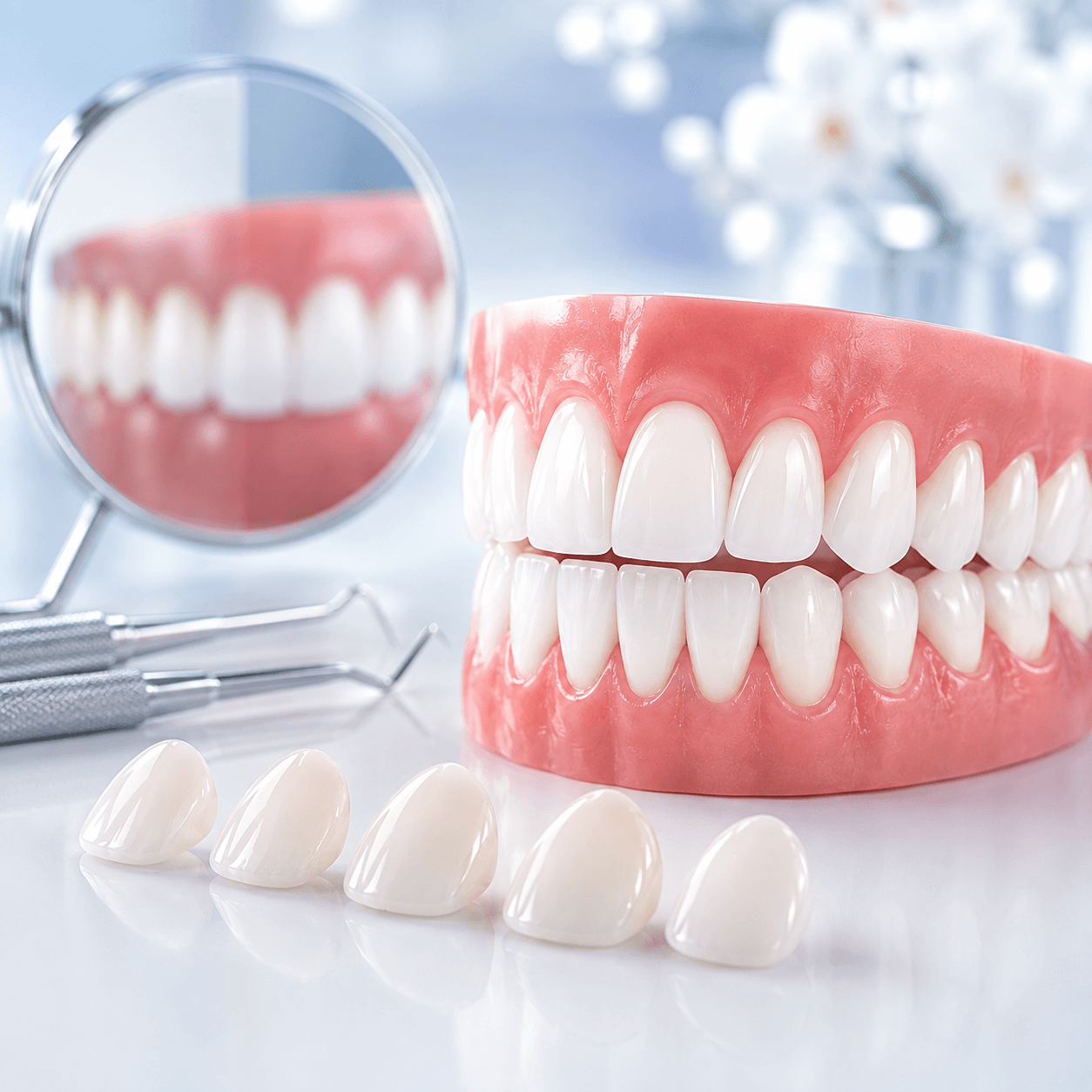 Tooth model and porcelain veneers illustrating cosmetic dentistry